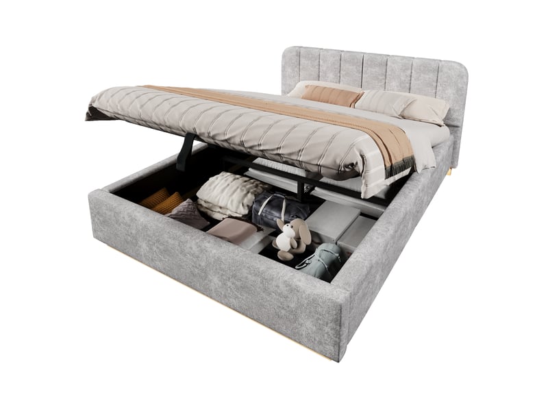  Lit coffre 140x200 cm gris clair, tissu chenille, sommier relevable hydraulique, led contrôlée par appli, sommier à lattes inclus  - Conforama A