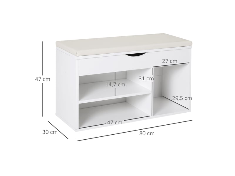  Banc à chaussures moderne avec siège, étagère à chaussures d'entrée avec tiroir, étagères ouvertes et 1 coussin pour couloir, 80 x 30 x 47 cm  - Conforama E