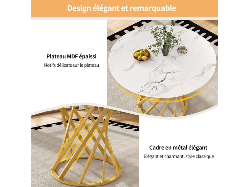  Table ronde design ø 80 cm, effet marbre, pieds en métal doré, plateau mdf, blanc élégant  - Conforama E