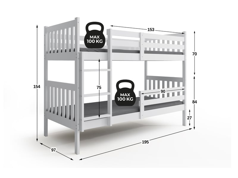  Lit superposé séparable 90x190 cm kacper interbeds - bois massif de pin avec barrière, sommier - blanc  - Conforama C