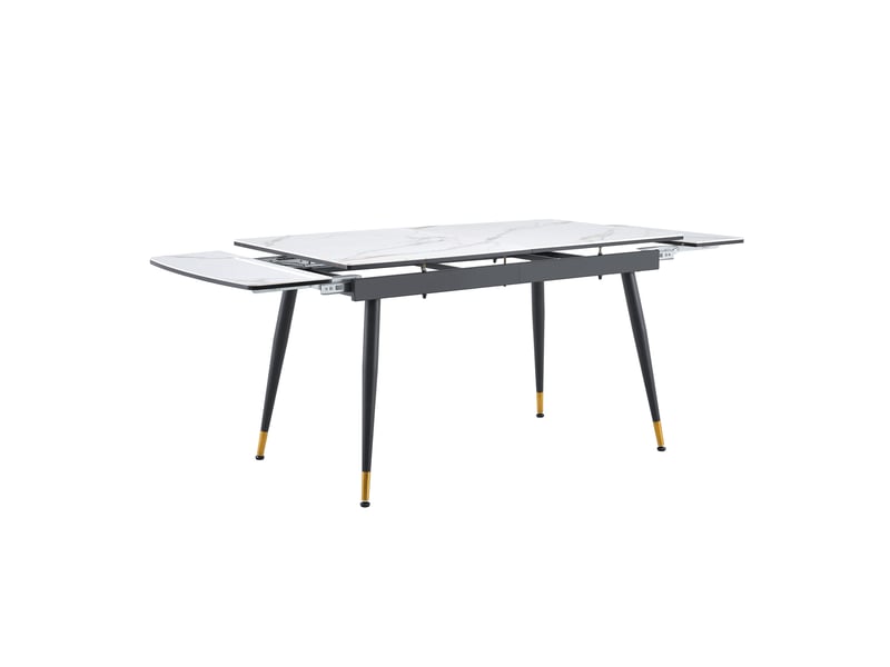  Table de salle à manger extensible en pierre frittée 140 à 200×80×76 cm blanche, métal noir et doré  - Conforama A