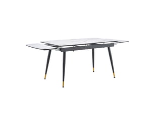 Table de salle à manger extensible en pierre frittée 140 à 200×80×76 cm blanche, métal noir et doré