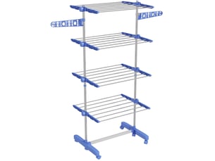 Séchoir à linge sur roulettes, échelle 2 niveaux, pliable, ailes pliantes, support en acier inoxydable bleu