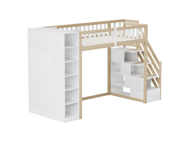  Lit mezzanine enfant 90x200 cm - bois massif - étagères intégrées - grand espace de rangement  - Conforama R