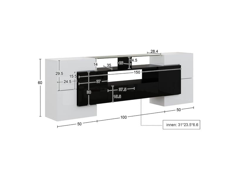 Meuble tv 200 cm blanc et noir brillant avec led, surface en verre, design moderne pour écran 50-59 pouces - Conforama E
