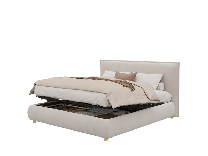  Lit coffre 2 places 160x200 cm avec tête de lit rembourrée, velours crème  - Conforama A