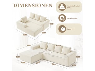Canapé d'angle, canapé modulable, en velours tricoté, beige, assise profonde, style cloud, pour salon, version droite, chambre