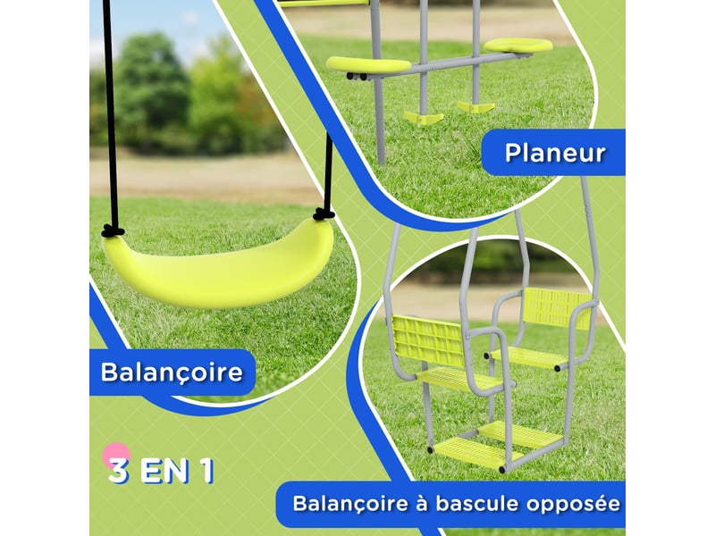  3 en 1 balançoire portique enfant avec 2 face à face et 1 siège de balançoire charge max. 225 kg vert  - Conforama E