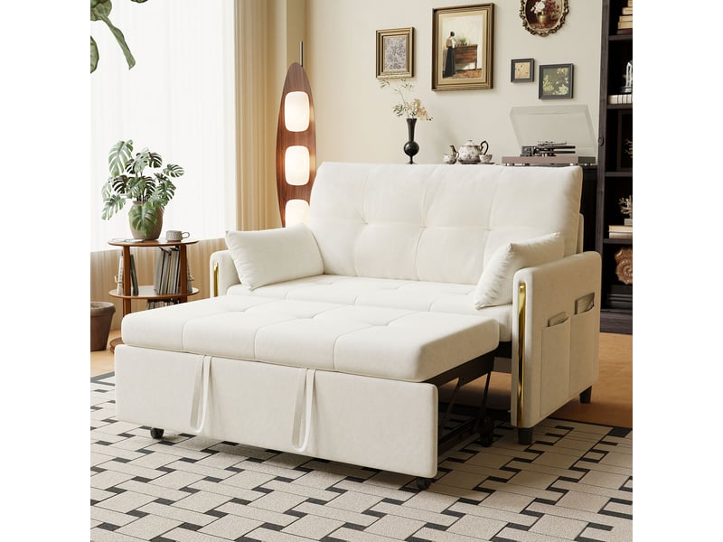  Canapé droit convertible 2 places en chenille beige clair, dossier réglable, 125 cm IKSETERA TRADING LTD - Conforama B