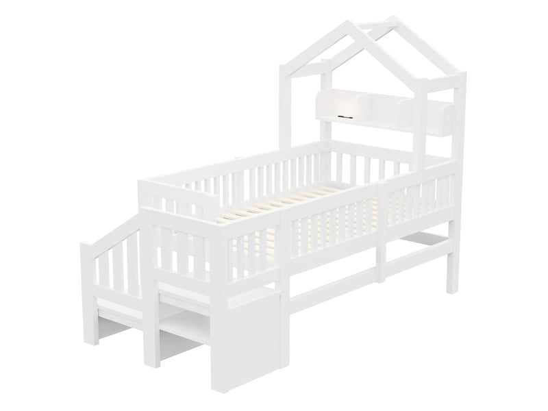 Lit mezzanine mi-hauteur enfant 90x200 cm avec rangements et éclairage, bois et mdf, blanc, sans matelas - Conforama E