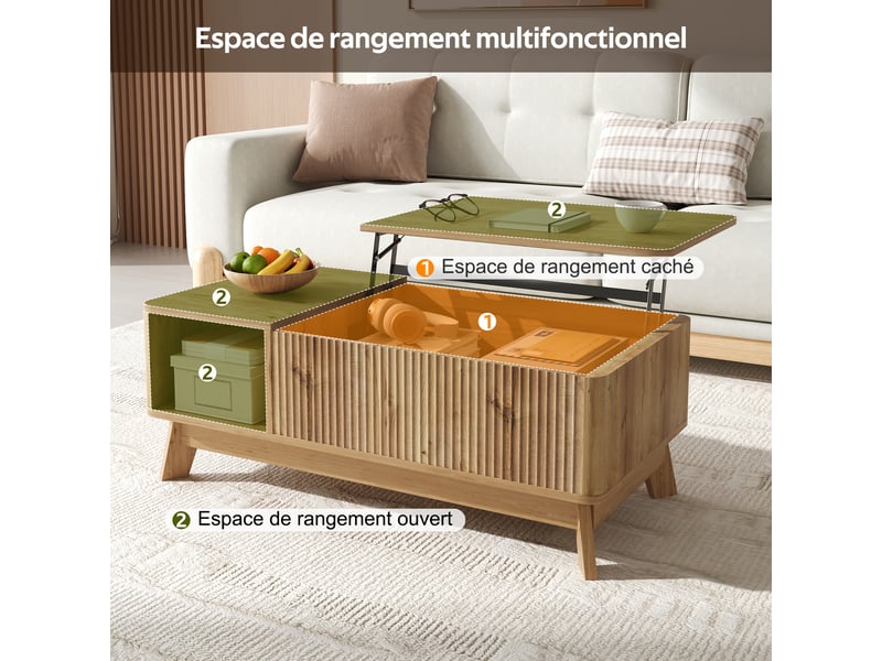  Table basse relevable, design ondulé, compartiment latéral ouvert, matériau mdf, style moderne  - Conforama E