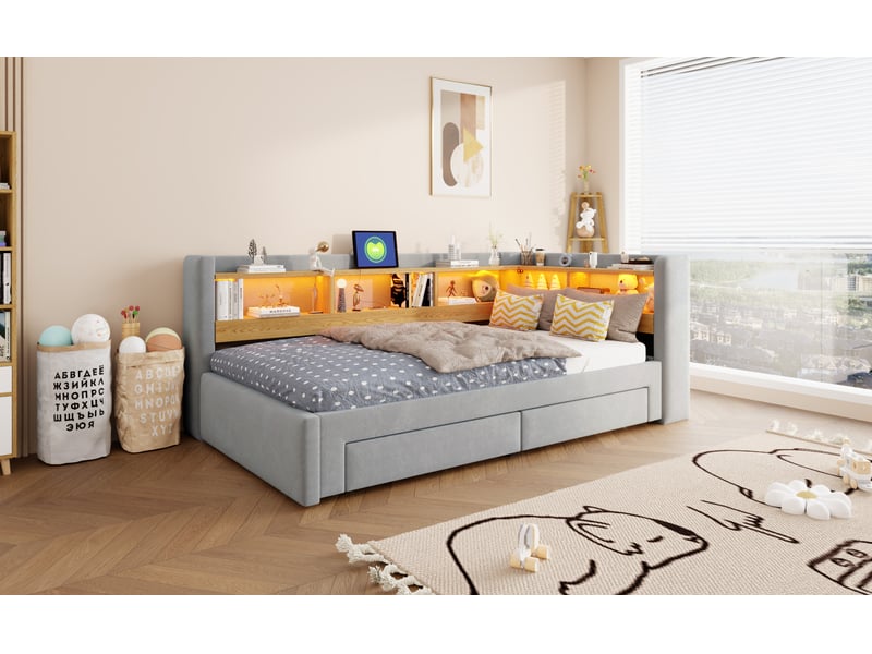  Lit banquette rembourré 90 × 200 cm, extensible en 180 × 200 cm, 2 tiroirs, niches en l, led et ports usb, gris  - Conforama B