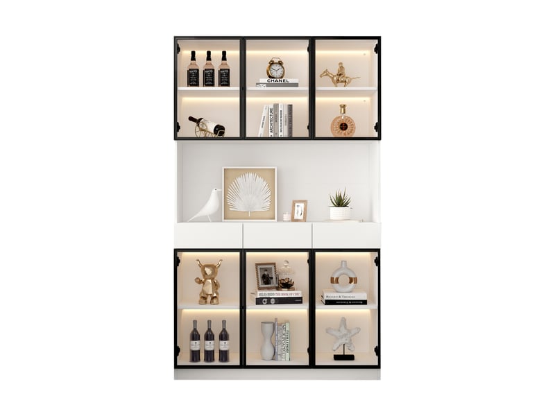  Vitrine en verre avec éclairage led 120 × 36 × 200 cm, 3 tiroirs centraux, portes vitrées et rangement dissimulé, meuble de salon blanc et fonctionnel CARDUME ESTIVAL - Conforama A