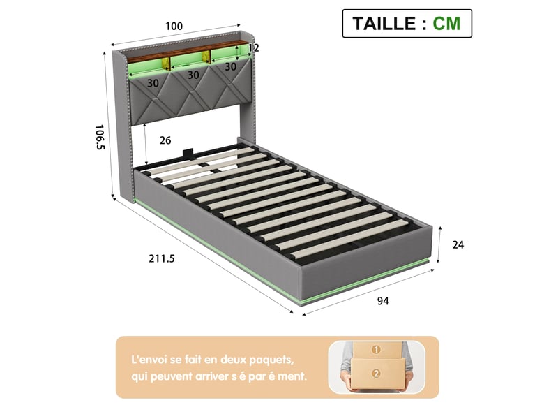  Lit coffre hydraulique 90 x 200 cm-gris foncé - lit simple rembourré en lin avec tête de lit de rangement, led et têtes de clous  - Conforama B