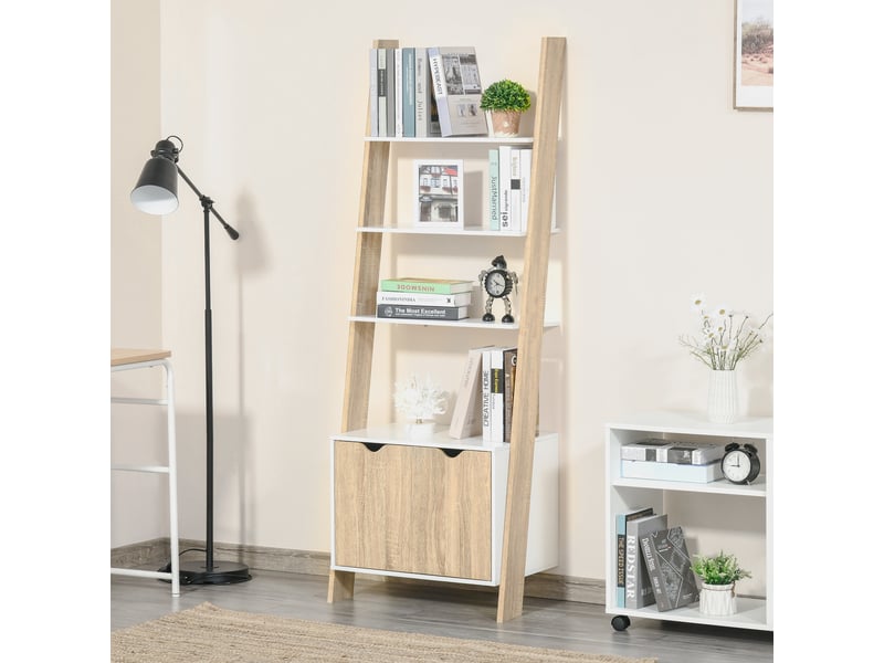  Bibliothèque échelle à 3 étagères et placard, style nordique, en bois, 60 x 40 x 171 cm, chêne et blanc  - Conforama D