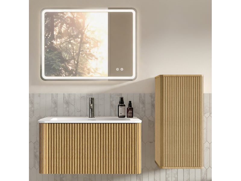 Ensemble meuble de salle de bains 80 cm avec lavabo et miroir led, mdf, coloris chêne - Conforama B