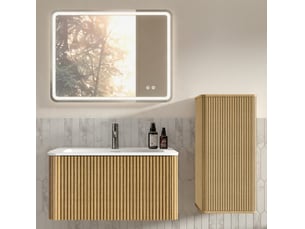 Ensemble meuble de salle de bains 80 cm avec lavabo et miroir led, mdf, coloris chêne