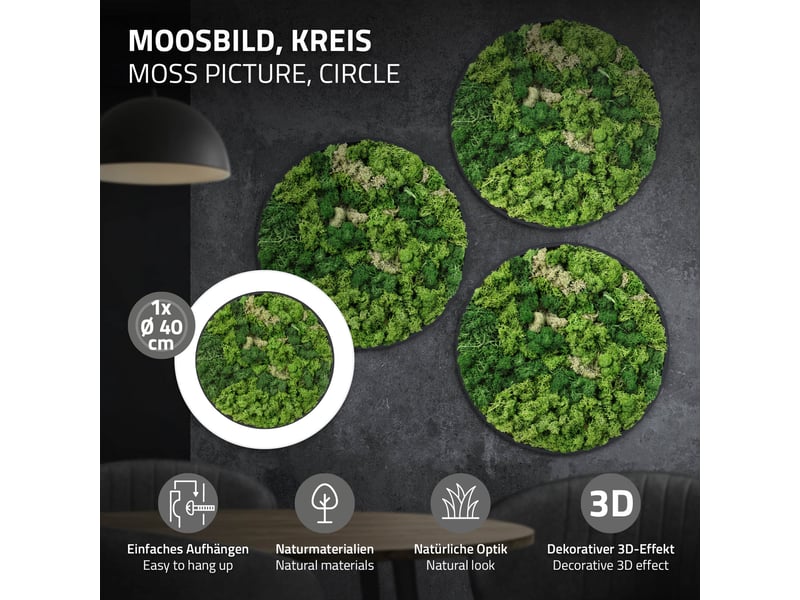 Ecd germany tableau en mousse de renne stabilisée véritable, forme ronde ø 40 cm, vert, décoration murale végétale d'intérieur, cadre en mdf, sans arrosage ni entretien, effet 3d, pièce unique ECD Germany GmbH - Conforama B