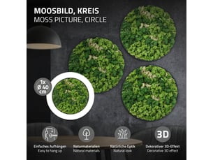 Ecd germany tableau en mousse de renne stabilisée véritable, forme ronde ø 40 cm, vert, décoration murale végétale d'intérieur, cadre en mdf, sans arrosage ni entretien, effet 3d, pièce unique