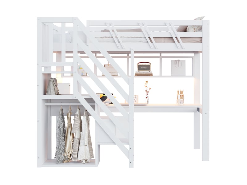 Lit mezzanine 90x200 cm en bois massif blanc avec escalier et rangement, bureau intégré, éclairage led ORFRLDB00496AAK - Conforama E