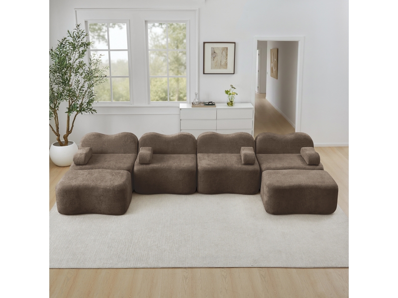 Canapé modulable ulevr 4 places en u avec 2 poufs, velours marron, sans structure interne, 384 x 167 x 70 cm - Conforama E