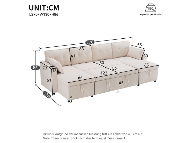 Canapé convertible en u 4 places tissu aspect lin beige avec coffre de rangement intégré - Conforama C