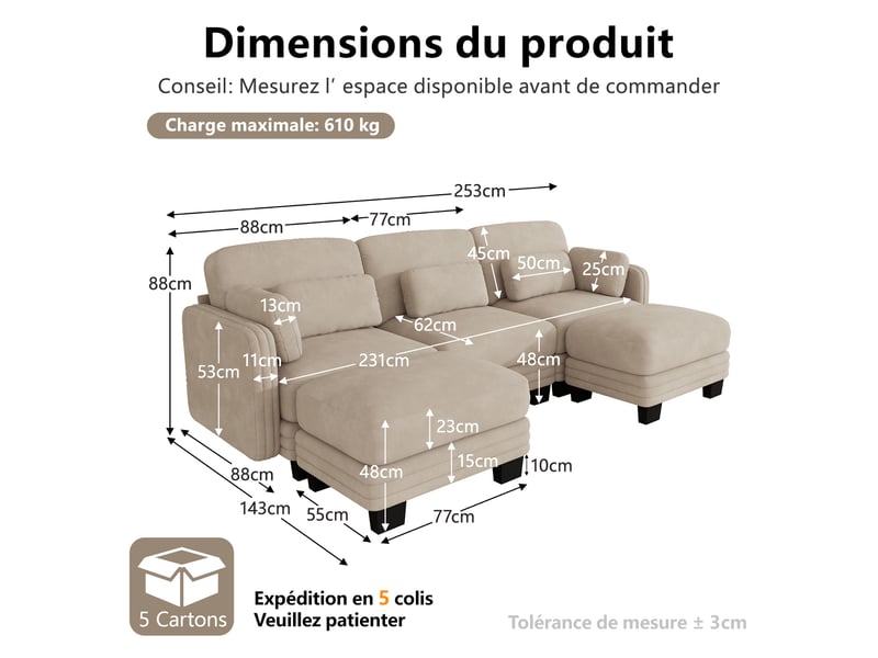  Canapé droit modulable 253 cm 3 places avec 2 poufs, coussins d’accoudoir amovibles, coussins lombaires épais à soutien renforcé, chenille, marron clair  - Conforama D