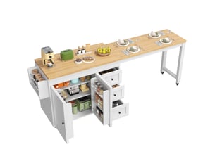 Îlot de cuisine extensible 116-179,5 cm avec rangement, 3 tiroirs, placard à portes, étagères latérales, plan de travail rabattable et roulettes - blanc