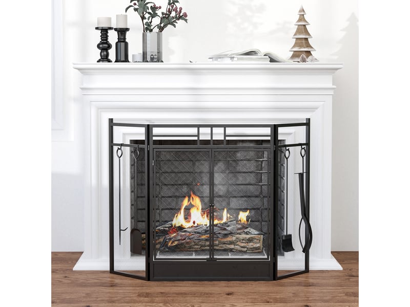  Pare-feu large pour cheminée ou poêle - pare-étincelles serviteur de cheminée 2 en 1 avec accessoires - 3 volets pliables et porte - acier métal noir  - Conforama C