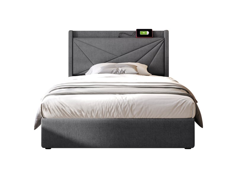  Lit coffre 90x200 cm en tissu gris, lit simple avec rangement, usb, type-c et tête rembourrée, sans matelas  - Conforama A