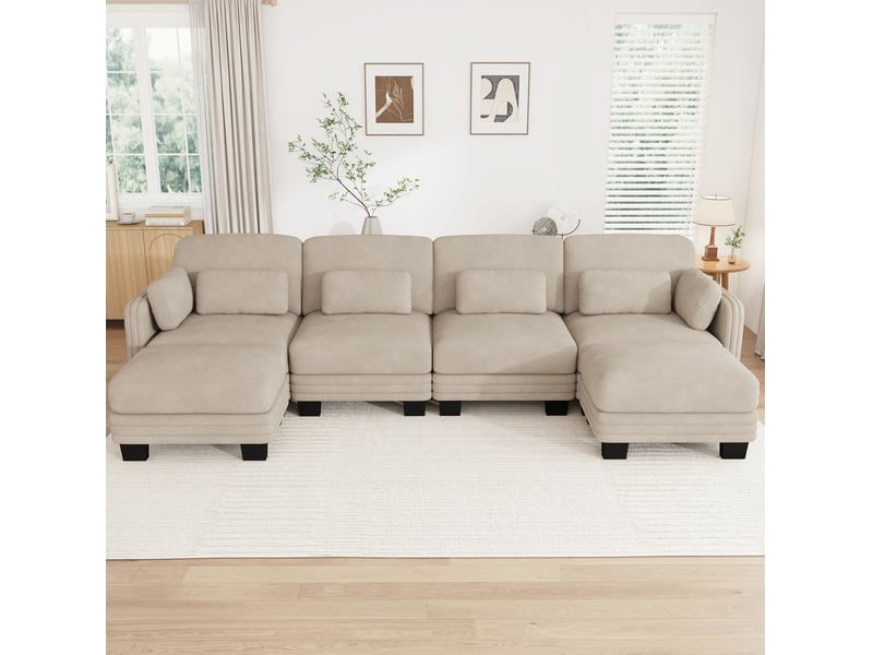  Canapé modulable modenvie 4 places en u en chenille avec 2 poufs, assise large et profonde, 330 x 143 x 88 cm, marron clair  - Conforama D
