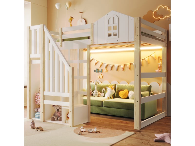  Lit mezzanine tcqpz 140 x 200 cm avec led, fenêtre, escalier de rangement, voile, sans matelas, blanc et naturel  - Conforama B