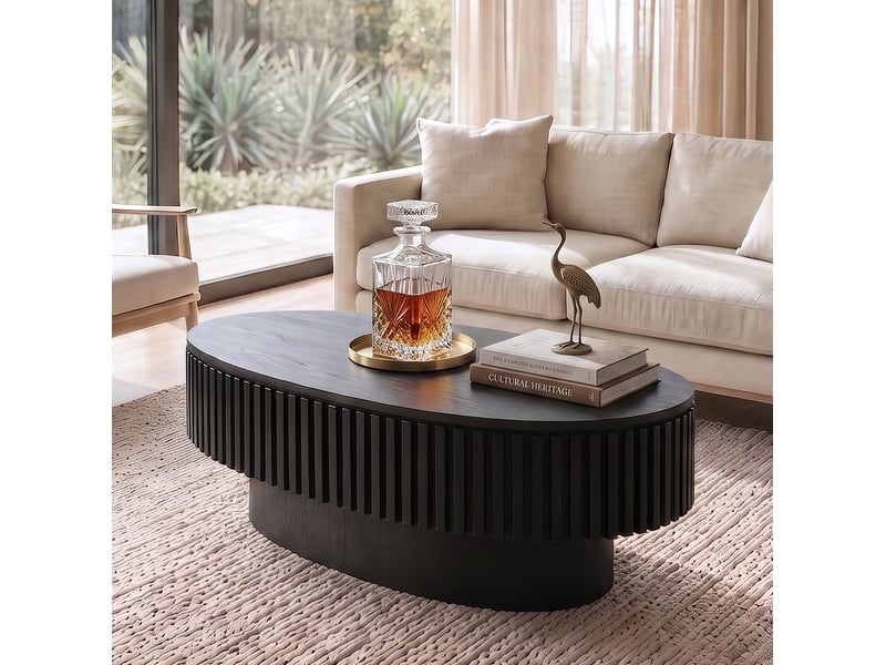 Table basse ovale avec rangement caché sous plateau amovible, finition mate noire, en mdf plaqué bois, 98 × 60 × 35 cm - Conforama C