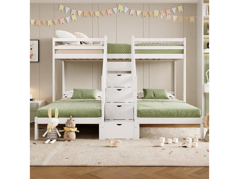  Lit enfant 90x200cm, lit superposé et côte à côte avec rangement, tiroirs, sommiers, pin blanc, sans matelas  - Conforama B