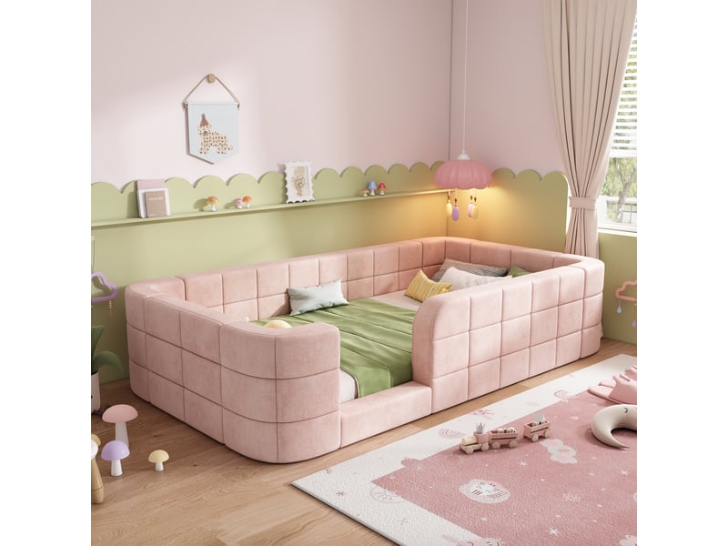  Lit enfant au sol 90x200 cm, rembourré en chenille, avec entourage rembourré et accès bas, avec sommier à lattes inclus, matelas non inclus, rose Luxe haut de gamme - Conforama D