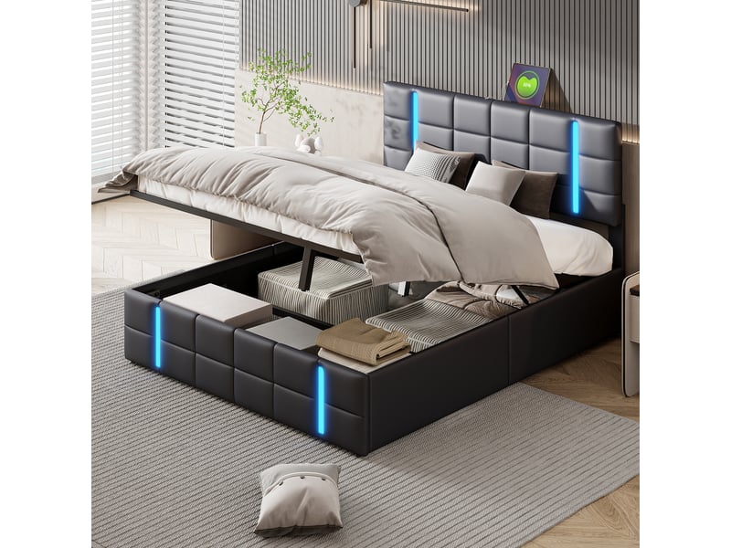  Lit coffre 2 places 160x200 cm, lit adulte avec rangement, tête de lit, 2 ports usb, led, design simple, pu noir  - Conforama B