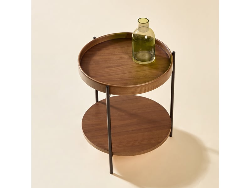  Table basse ronde à 2 plateaux avec rangement ouvert, style moderne, pour salon, en bois massif et mdf, noyer  - Conforama C
