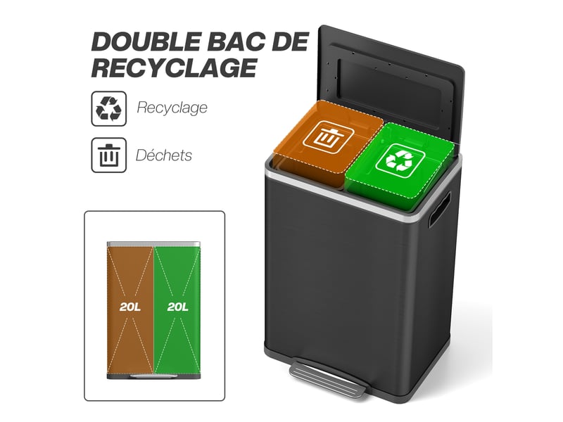  Poubelle de cuisine à pédale 2x20l en acier inoxydable noir 40x34,8x59 cm  - Conforama D