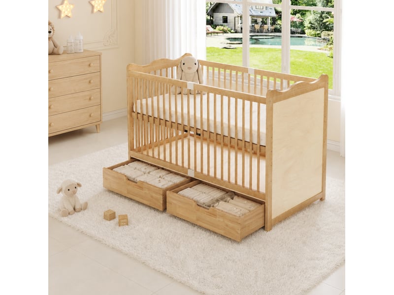 Lit bébé réglable 70x140 cm avec 2 tiroirs, bois de pin, naturel - Conforama W