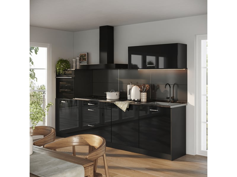  Vicco cuisine, noir haute brillanceanthracite, 280cm plan de travail chêne doré  - Conforama C