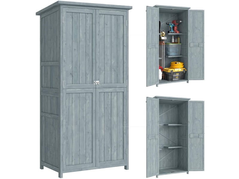 Armoire de jardin en bois 2 portes 2 étagères et 10 crochets gris 85x54x170 cm