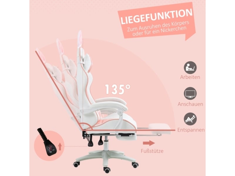 Chaise gaming rose, oreilles lapin, soutien lombaire, repose-pieds, coussin tête, inclinable, réglable - Conforama D