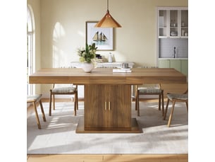Table à manger extensible 140 à 180 x 90 x 75,2 cm en mdf avec colonne de rangement à portes striées, finition chêne clair ou noyer.