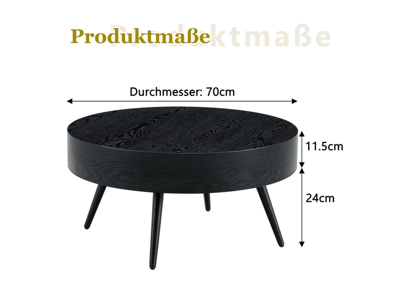  Table basse ronde avec plateau et pieds en métal, pour salon et petits espaces, 70 × 35,5 cm, en mdf noir  - Conforama D