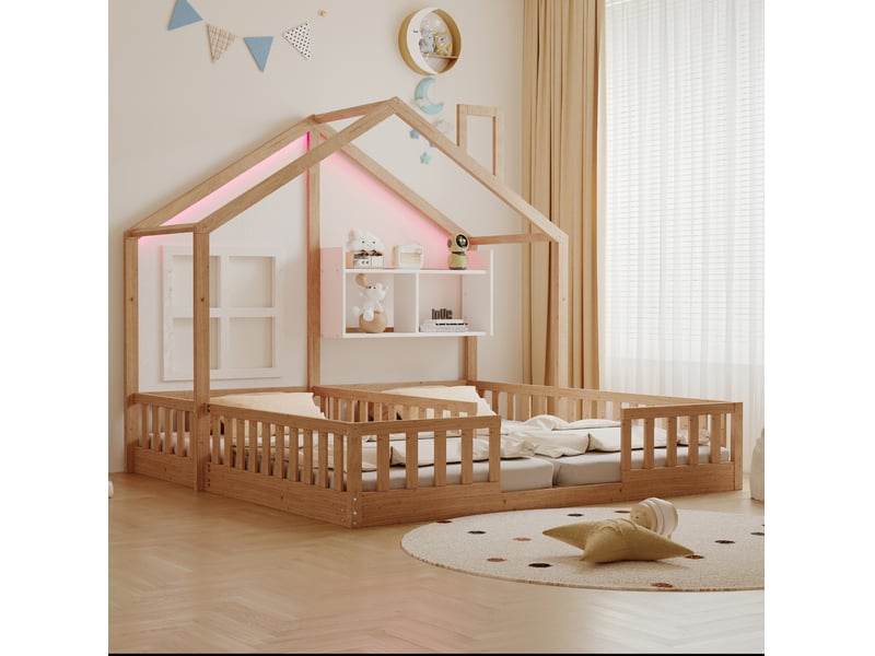  Modenvie lit enfant double 90x200 cm - avec led, avec rangement intégré, sans matelas - pour chambre d'enfant - naturel  - Conforama E