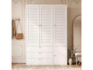 Armoire 135 x 50 x 200 cm blanche, 3 portes à lames, 2 tringles, 3 tiroirs