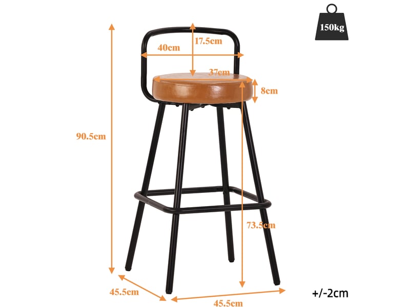  Lot de 2 tabourets de bar 37x37x90,5 cm, dossier et repose-pieds, meuble cuisine, pour salon, pieds en métal, pu marron  - Conforama C