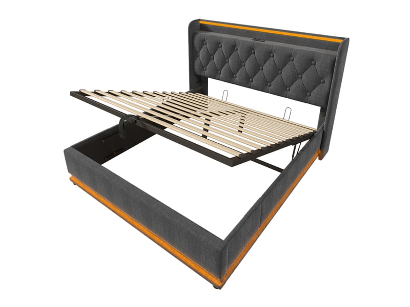  Lit coffre 140x200 cm, rangement hydraulique, éclairage led, usb et usb-c, tête de lit avec rangement pour chambre - gris  - Conforama A
