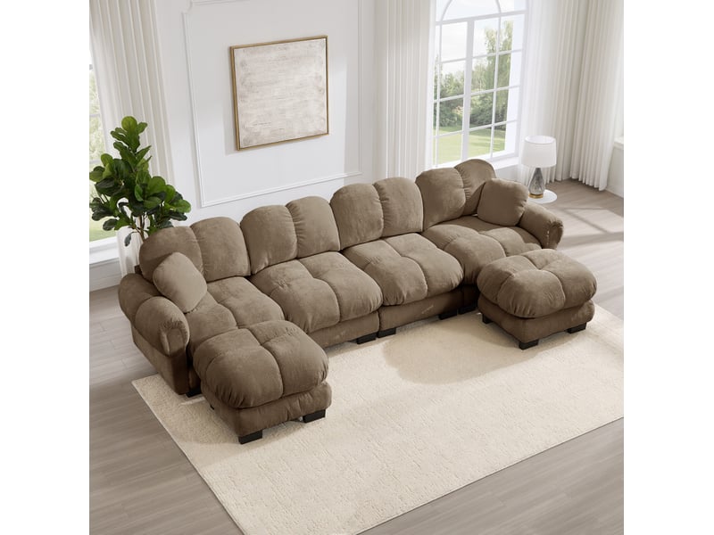 Canapé modulable en u modenvie 4 places en chenille marron avec 2 poufs mobiles 330 x 149 x 90 cm - Conforama D