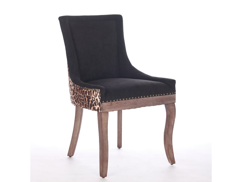  Lot de 2 chaises de salle à manger en tissu imprimé léopard pieds en bois massif clous bronze  - Conforama A